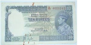 British India. 10 Rupees. JB Taylor signature. George VI Banknote