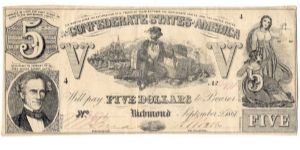 Type 37 Confederate $5 note. Banknote