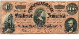 Type 65 Confederate $100 note. (Dark Red overprint.) Banknote