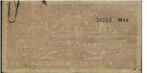 50 Rupiah dated 1 April 1948,Sumatera Indonesia

Obverse:Industry 

Reverse:Mountains 

Series no:38763 NTZ

Size:147X80mm

OFFER VIA EMAIL Banknote