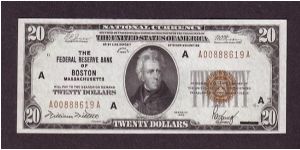 $20 FRBN
boston, ma

National Currency

obv: Andrew Jackson, (Army General, President 1829 - 1837)

rev: White House Banknote