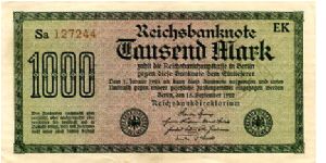 Germany 
Berlin 1 Jan 1912
1000M Green
Front Value/Writting
Rev cachet with value
Watermark looks like a series of interlocking crosses (Celtic style?) Banknote