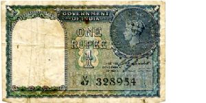 1 Rupee 1940
Blue
Governor, Sir James Taylor
Front Value, King George VI
Rev Value & date
Watermark King George VI Banknote