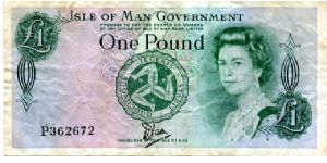 £1 1983 (Tyvek® 919)
Green/Purple
Treasurer William Dawson
Front Value, Trikelion conjoined on a red shield surmounted by a Crown , EII
Rev Tynwald hill Banknote