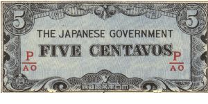 PI-103b Philippine 5 centavos note under Japan rule, fractional block letters P/AO. Banknote