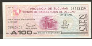 Argentina Tucuman 100 Australes 1989 S2715. Banknote