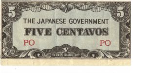 PI-103 Philippine 5 centavos note under Japan rule, block letters PO. I will sell or trade this note for Philippine or Japan occupation notes I need. Banknote