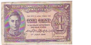1 CENT

1st JULY 1941

MALAYA 1st JULY 1941 Banknote