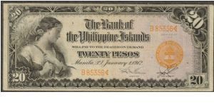 p9b 1912 20 Peso BPI Note Banknote
