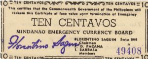S-512a Mindanao Emergency Currency Board 10 centavos note. Banknote