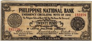 S218a Rare Cebu 20 Pesos note, redeamed by Placer, Leyte. Banknote