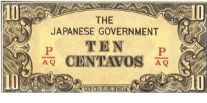 PI-104b RARE Philippine 10 centavos note under Japan rule, fractional block letters P/AQ. Banknote