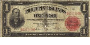 PI-68a Philippine Islands 1 Peso Treasury Certificate. Banknote