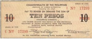 S-639 Province of Negros Occidental 10 Pesos note. Banknote