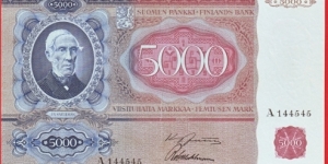 5000 markkaa Serie A Notes size 203 X 120 mm (inc 7,992 X 4,724) This note is made of 1941 Banknote