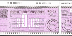 South Africa 1987 2 Cents postal order. Banknote