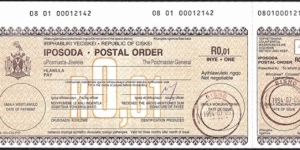 Ciskeian Remainder Issue 1994 1 Cent postal order. Banknote
