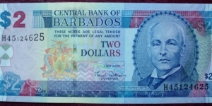 Central Bank of Barbados |
2 Dollars |

Obverse: John Redman Bovell, a Flying fish and National Coat of Arms |
Reverse: Trafalgar Square in Bridgetown |
Watermark: Neptune's broken trident Banknote