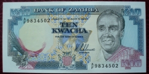 Bank of Zambia |
10 Kwacha |

Obverse: The first president of Zambia; Kenneth David Kaunda, African Fish eagle and Coat of arms |
Reverse: Giraffe, Carving and Freedom Statue 