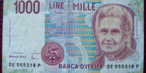 Banca d'Italia |
1,000 Lire |

Obverse: Maria Montessori (1870-1952) – the first woman in Italy to qualify as a physician |
Reverse: Teacher with student |
Watermark: Maria Montessori Banknote