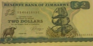 Zimbabwe $2 note signed by Govenor K.Moyana Banknote