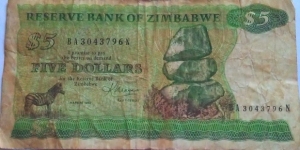 Zimbabwe $5 note signed by Govenor K.Moyana Banknote