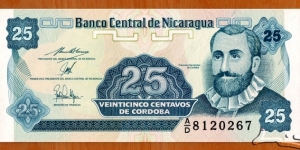 Nicaragua | 
25 Centavos, 1991 |
 
Obverse: Francisco Hernández de Córdoba | 
Reverse: National coat of arms and Plumeria flower (in Nicaragua known as Sacuanjoche) Banknote