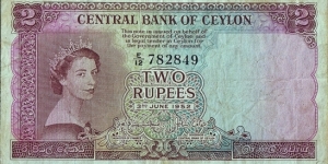 Ceylon 1952 2 Rupees.

First issue of Queen Elizabeth II's reign. Banknote