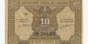 FrIndochina 10 Cents ND(1942)(Gov Gen de L'Indochine) Banknote