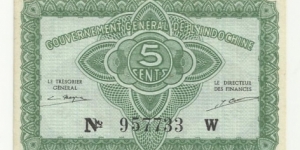 FrIndochina 5 Cents ND(1942)(Gov Gen de L'Indochine) Banknote