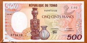 Chad | 
500 Francs, 1987 | 

Obverse: Figure carving and Jug | 
Reverse: Carver with his mask of art, Carved masks, shields and figures | 
Watermark: Figure carving | Banknote