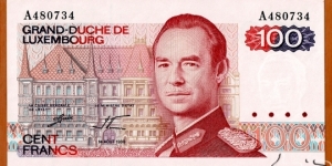 Luxembourg | 
100 Frang/Francs, 1980 | 

Obverse: Jean, Grand Duke of Luxembourg (Jean Benoît Guillaume Robert Antoine Louis Marie Adolphe Marc d'Aviano, born 5 January 1921), and Grand Ducal Palace and part of the Parliament building (Chambre des députés) in Luxembourg City | 
Reverse: View of the city of Luxembourg | 
Watermark: Effigy of Grand-Duke Jean | Banknote