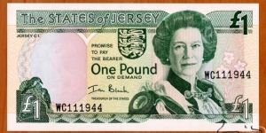Jersey | 
1 Louis/Livre/Pound, 2000 | 

Front: Queen Elisabeth II, and Coat of Arms | 
Back: St. Helier Parish Church | 
Watermark: Head of Jersey cow | Banknote
