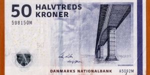 Denmark | 
50 Kroner, 2009 | 

Obverse: Sallingsund Bridge (1978-), between Nykøbing and Roslev, is 1717 metres long | 
Reverse: Locations of Sallingsund and Skarp Salling marked on the map of northern Denmark, and The Skarpsalling Vessel from Skarpsalling in Himmerland (Jutland), was found in a burial chamber in 1891, and is one of the finest examples of pottery design and decoration known from Stone Age Denmark. It was created when the barrows were built in approximately 3200 BC, when pottery as a craft was at its peak. Clay vessels were used during the burial rituals – some pots with contents were stored in the barrows and others were put at the entrance to the chambers | 
Watermark: 50, and Front of a Viking ship | Banknote