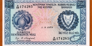Cyprus | 
250 Mils, 1979 | 

Obverse: Mangoes, National Coat of Arms, and Map of Cyprus | 
Reverse: Skouriotissa Mine near Lefka, and Railroad train | 
Watermark: Eagle's head | Banknote