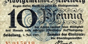 10 Pf. Notgeld city of Heidelberg Banknote