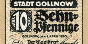 10 Pf. Notgeld Gollnow/Goleniów Banknote