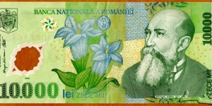 Romania | 
10,000 Leu, 2001 | 

Obverse: Nicolae Iorga (1871-1940), and Willow Gentian flowers | 
Reverse: Episcopal Cathedral of Curtea de Argeș monastery erected by Neagoe Basarab (1512-1521), and Stylized crusader eagle as Walachian Coat of Arms of Prince Constantin Brincoveanu | 
Watermark: Nicolae Iorga and BNR logo | 
Window: Willow Gentian flower from above | Banknote