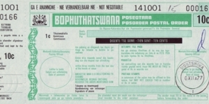 Bophuthatswana 1977 10 Cents postal order.

Issued at Montshiwa. Banknote
