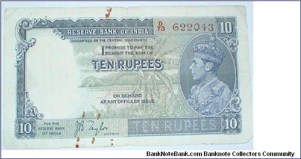 British India. 10 Rupees. JB Taylor signature. George VI Banknote