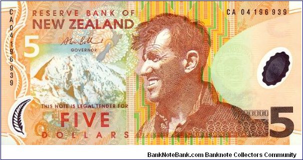 Orange brown and multicolour.  Sir Edmund Hillary, tractor and Mt Cook yellow eyed penguin Hoiho and flora.  Printed on Polymer. Banknote