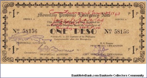 S-601 Super Rare series of 5 consecutive numbered Mountain Province Emergency notes with red countersign signatures, 5 - 5. Banknote