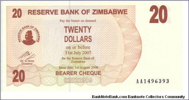 Zimbabwe $20 Bearer Cheque Banknote