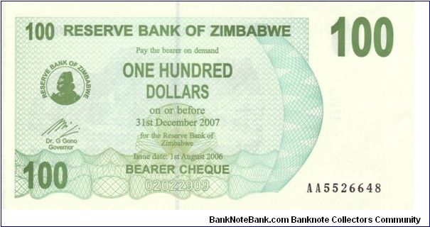 Zimbabwe $100 Bearer Cheque Banknote