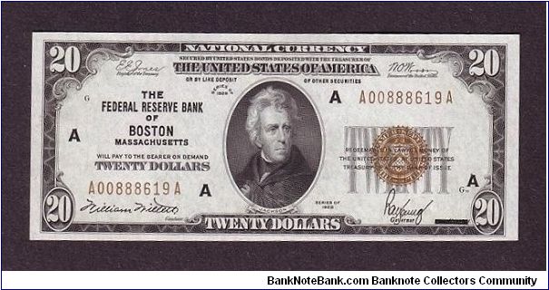 $20 FRBN
boston, ma

National Currency

obv: Andrew Jackson, (Army General, President 1829 - 1837)

rev: White House Banknote