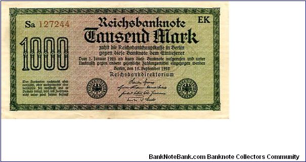 Germany 
Berlin 1 Jan 1912
1000M Green
Front Value/Writting
Rev cachet with value
Watermark looks like a series of interlocking crosses (Celtic style?) Banknote