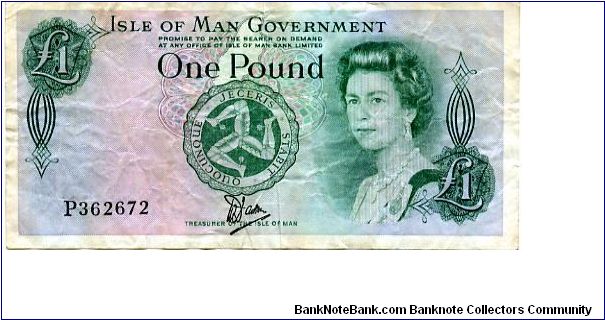 £1 1983 (Tyvek® 919)
Green/Purple
Treasurer William Dawson
Front Value, Trikelion conjoined on a red shield surmounted by a Crown , EII
Rev Tynwald hill Banknote