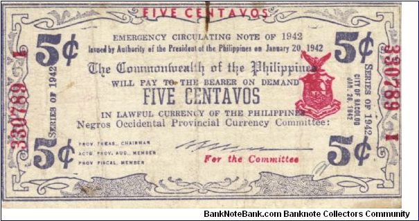 S-640a Negros Occidential 5 Centavos note. I will sell or trade this note for Philippine or Japan occupation notes I need. Banknote