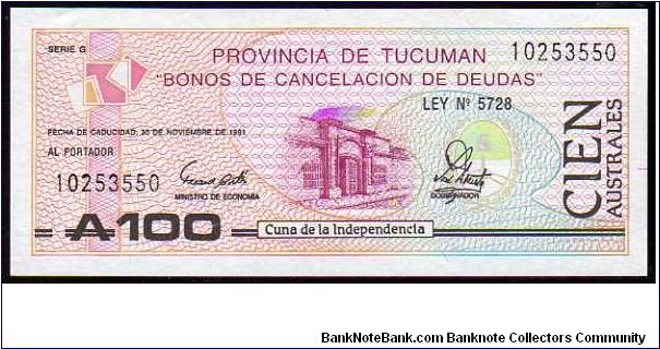* Provincia DE TUCUMAN *
________________

100 Australes__
Pk s2715
 Banknote