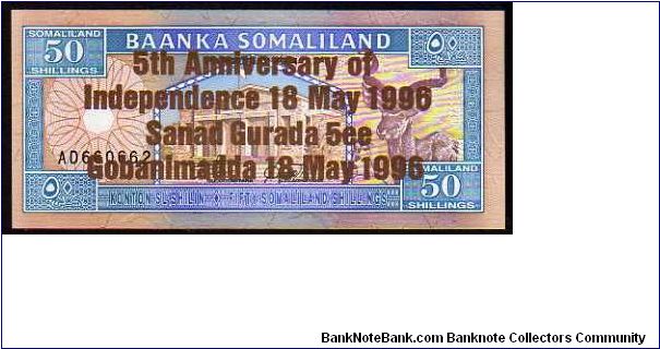 *SOMALILAND*
________________

50 Shillings
Pk 11
----------------
Indipendence Anniversay in Bronze - o.d 1994
---------------- Banknote